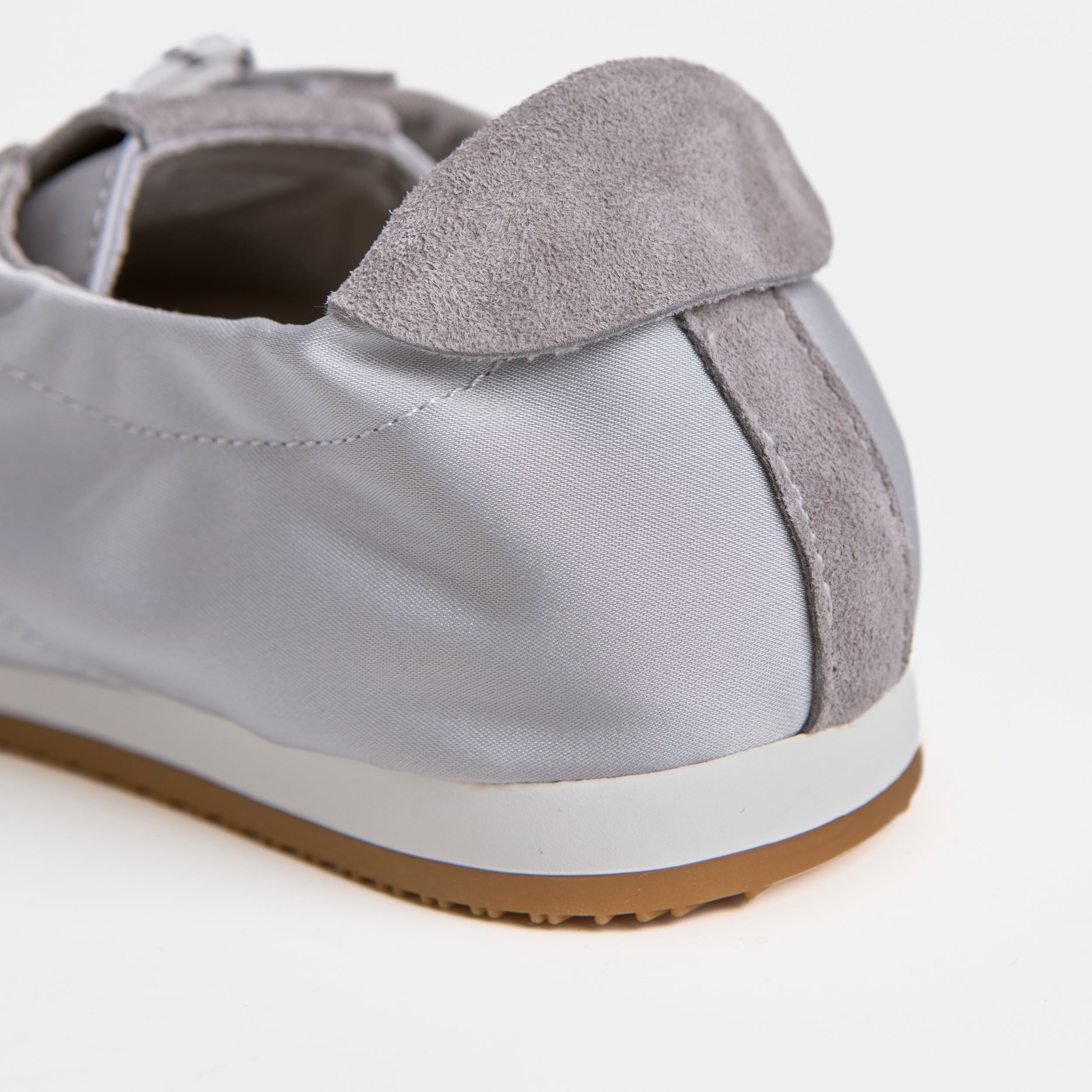 The Dual Stride Gray Square-Toe  Satin Trainer
