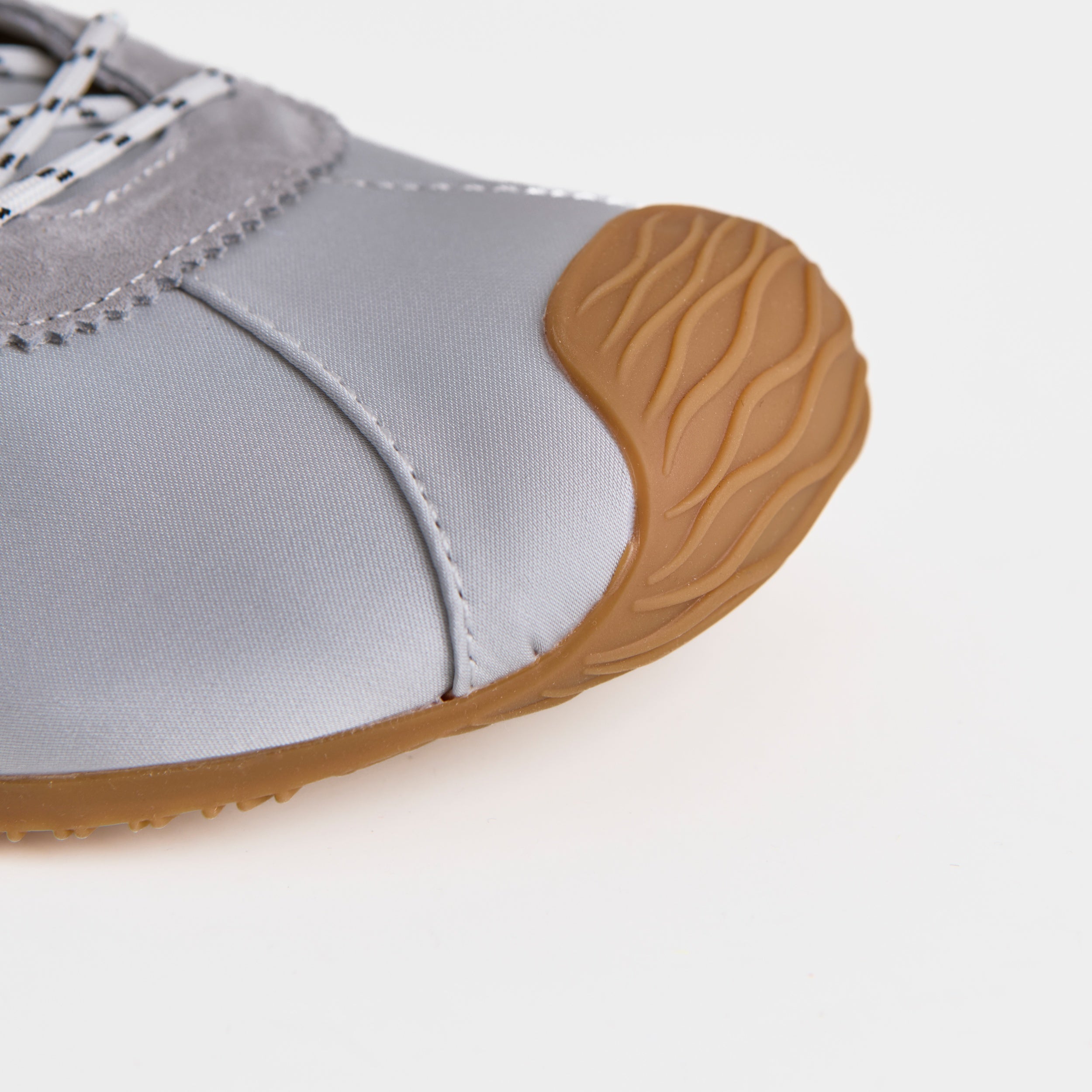 The Dual Stride Gray Square-Toe  Satin Trainer