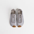 The Dual Stride Gray Square-Toe  Satin Trainer