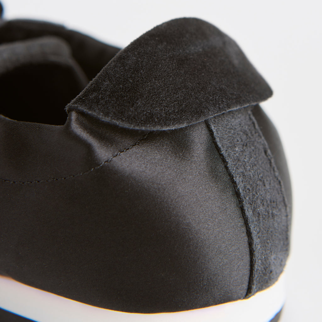 The Dual Stride Black Square-Toe  Satin Sneakers