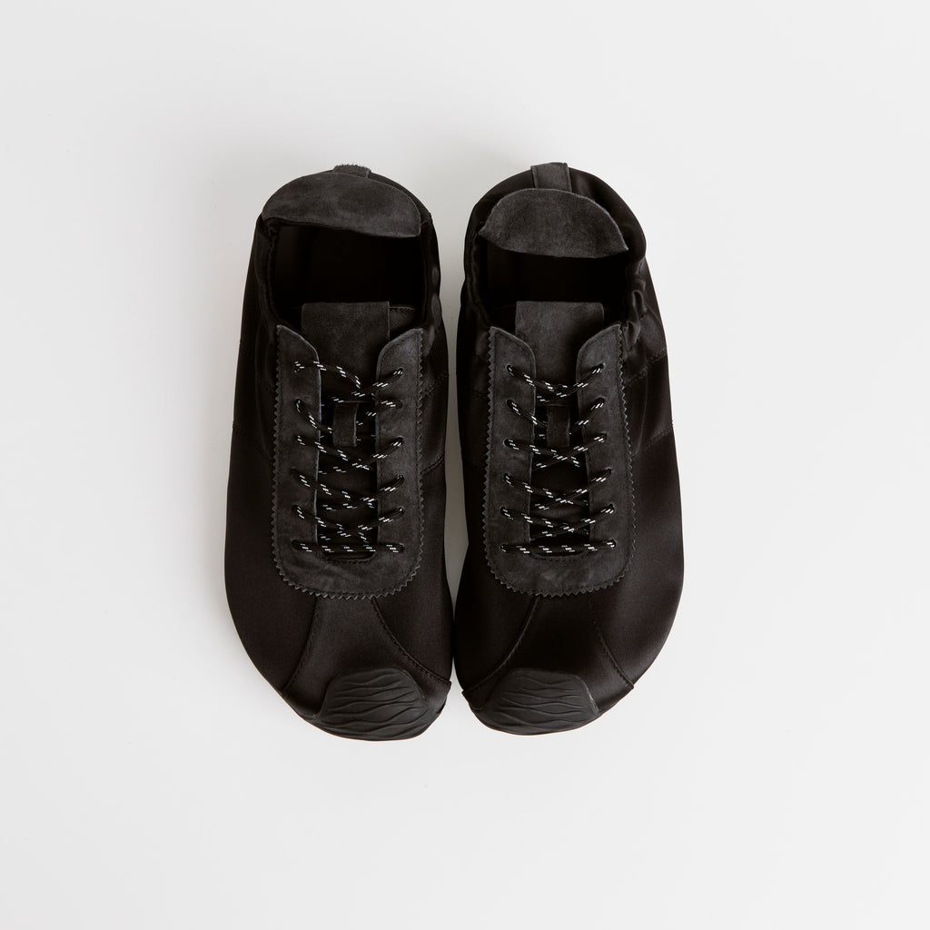 The Dual Stride Black Square-Toe  Satin Sneakers
