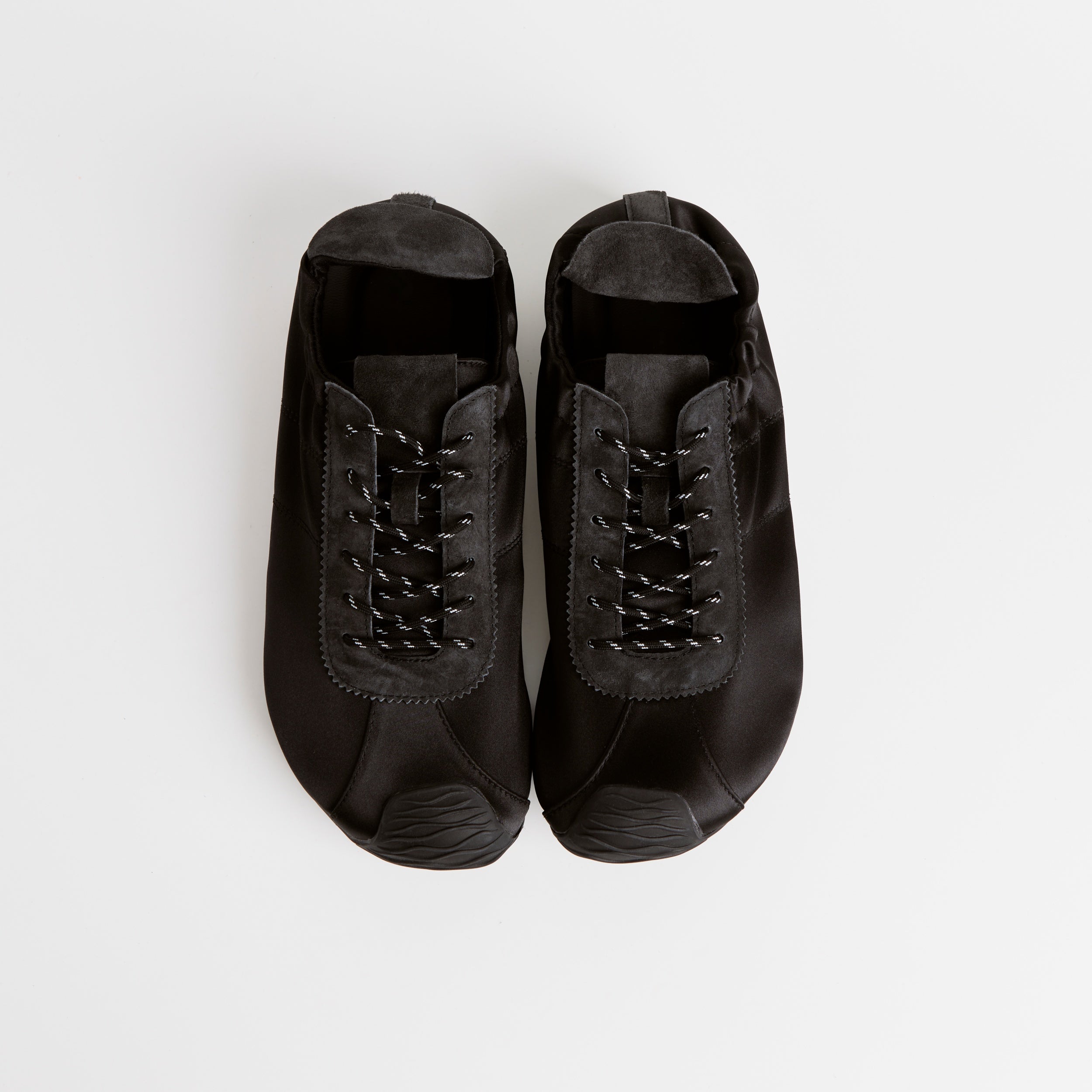 The Dual Stride Black Square-Toe  Satin Sneakers