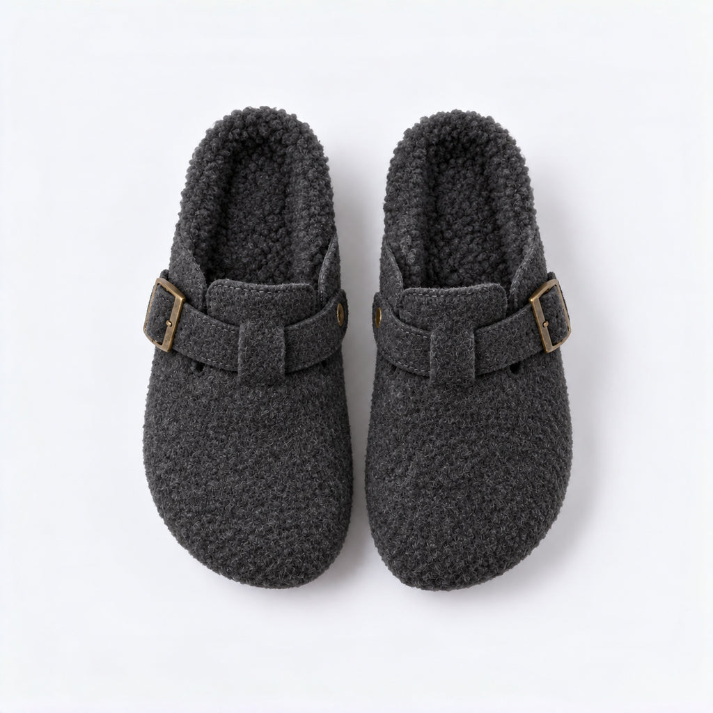 The Dual Stride Cozy Gray Fleece Buckle Mules