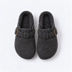 The Dual Stride Cozy Gray Fleece Buckle Mules