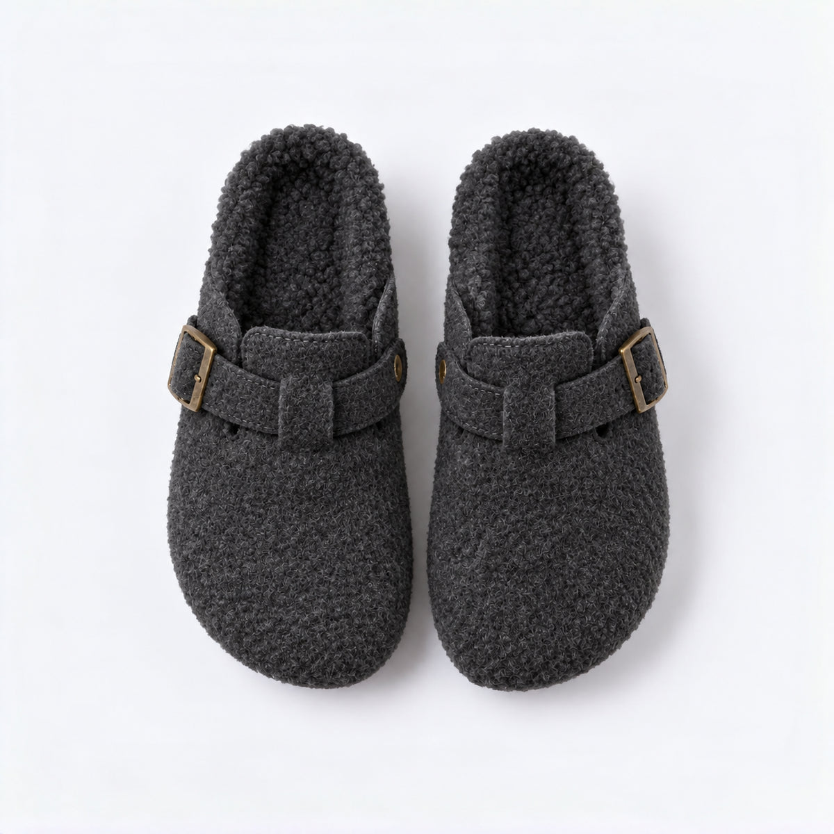 The Dual Stride Cozy Gray Fleece Buckle Mules