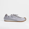 The Dual Stride Gray Square-Toe  Satin Trainer