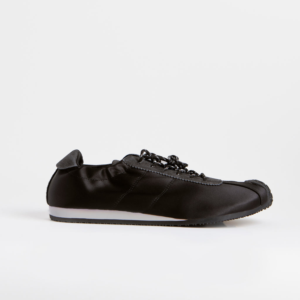 The Dual Stride Black Square-Toe  Satin Sneakers