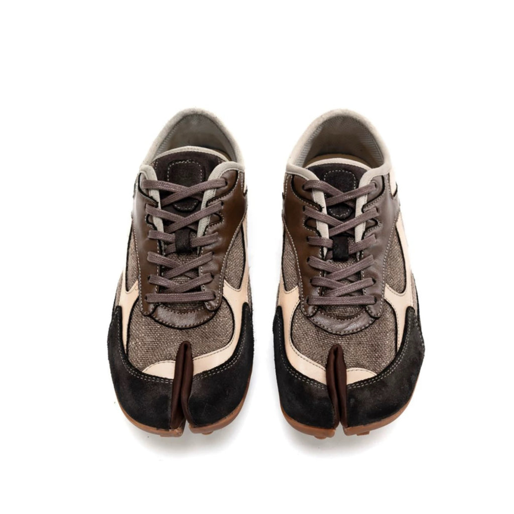 The Dual Stride Grey‑Brown Split‑Toe Retro Sneakers