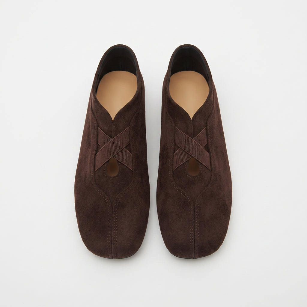 The Dual Stride Dark Brown Suede Cross‑Strap Ballet Flats