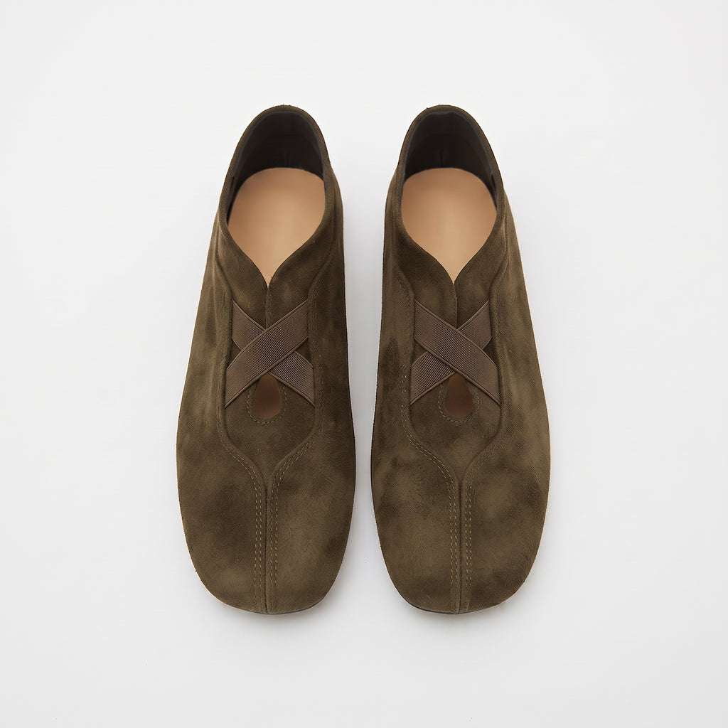 The Dual Stride Olive Brown Suede Cross-Strap Ballet Flats