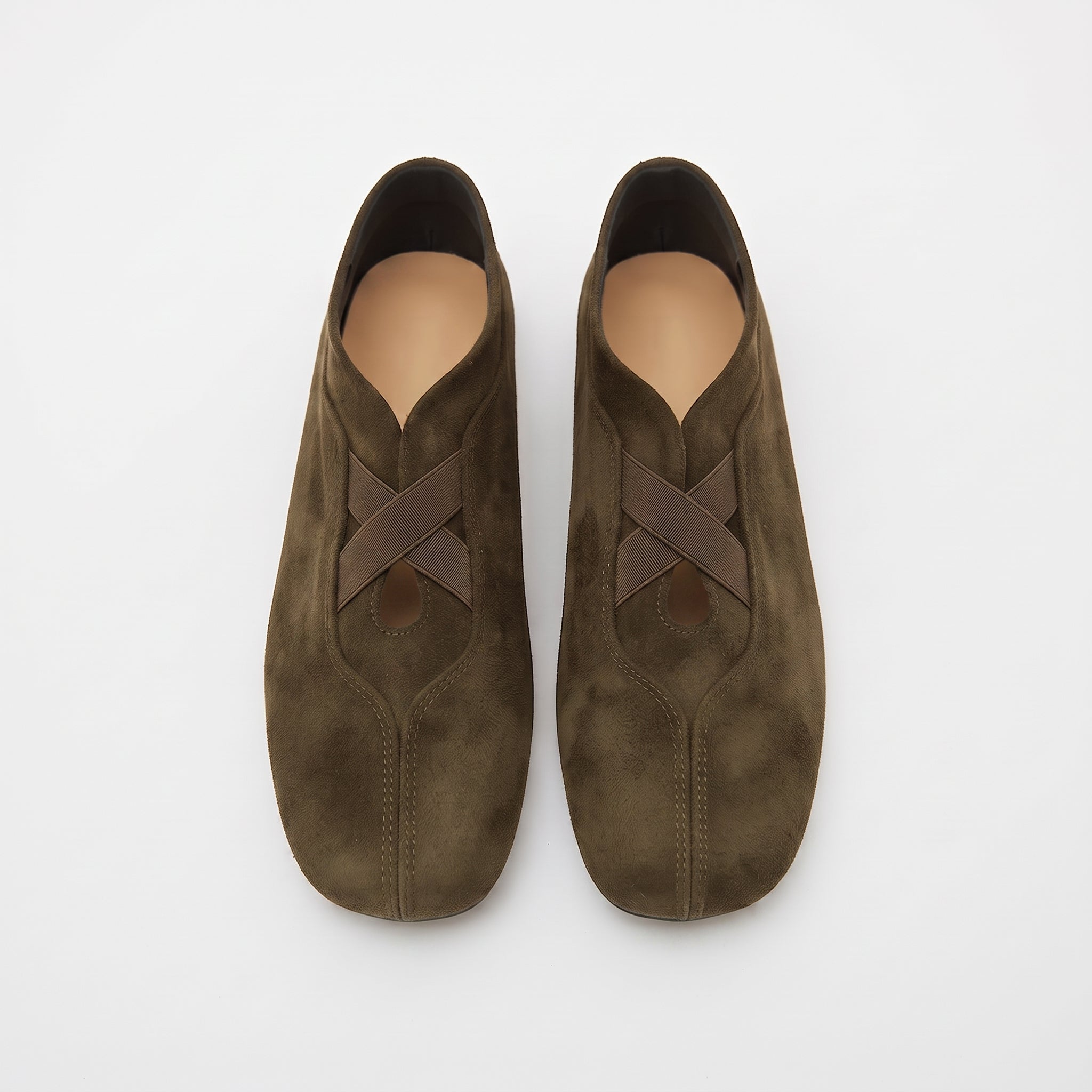 The Dual Stride Olive Brown Suede Cross-Strap Ballet Flats