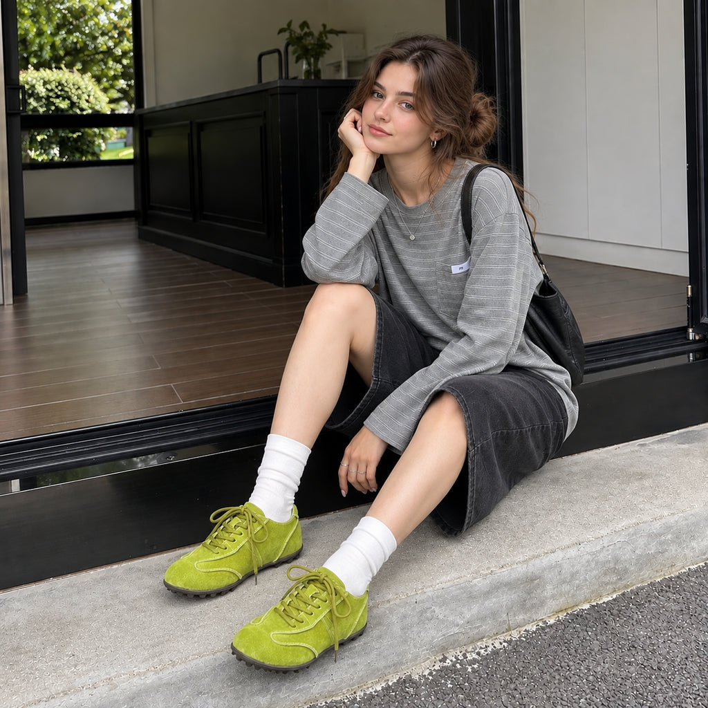 The Dual Stride Olive Green Suede Retro Sneakers
