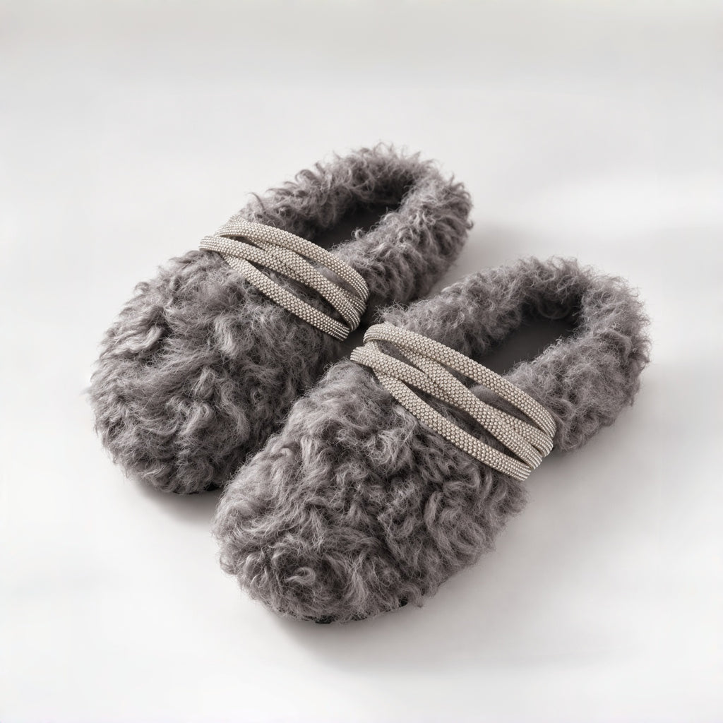 The Dual Stride Gray Curly Faux Fur Rhinestone Mule Slippers