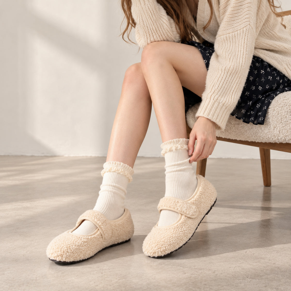 The Dual Stride  White  Cozy Fleece Mary Jane Flats