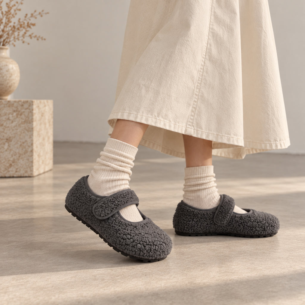 The Dual Stride Gray Cozy Fleece Mary Jane Flats