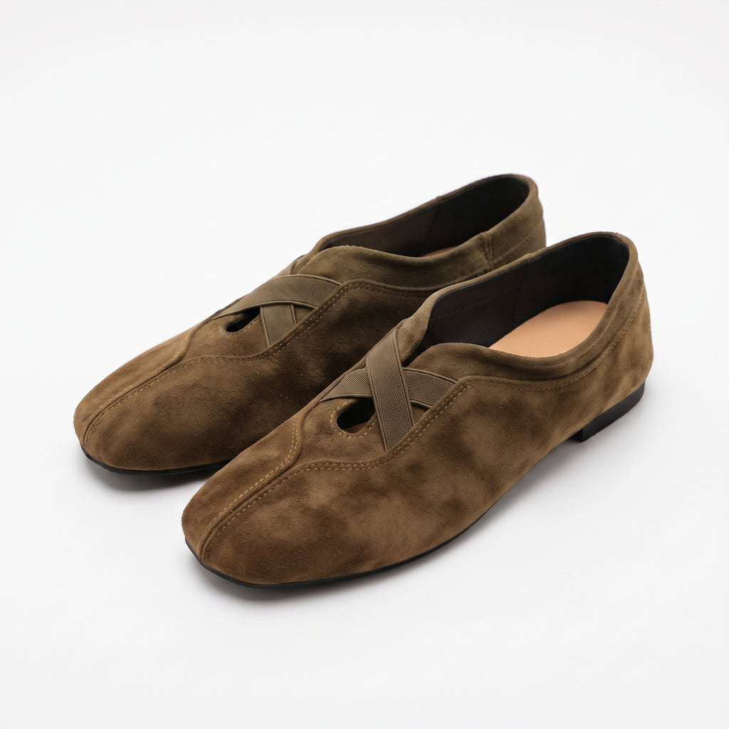 The Dual Stride Olive Brown Suede Cross-Strap Ballet Flats