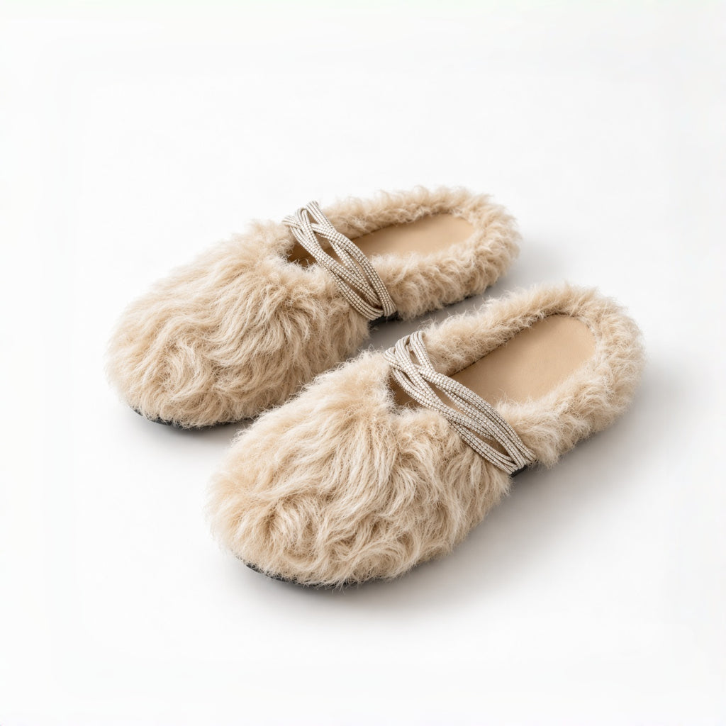 The Dual Stride Beige Curly Faux Fur Rhinestone Mule Slippers