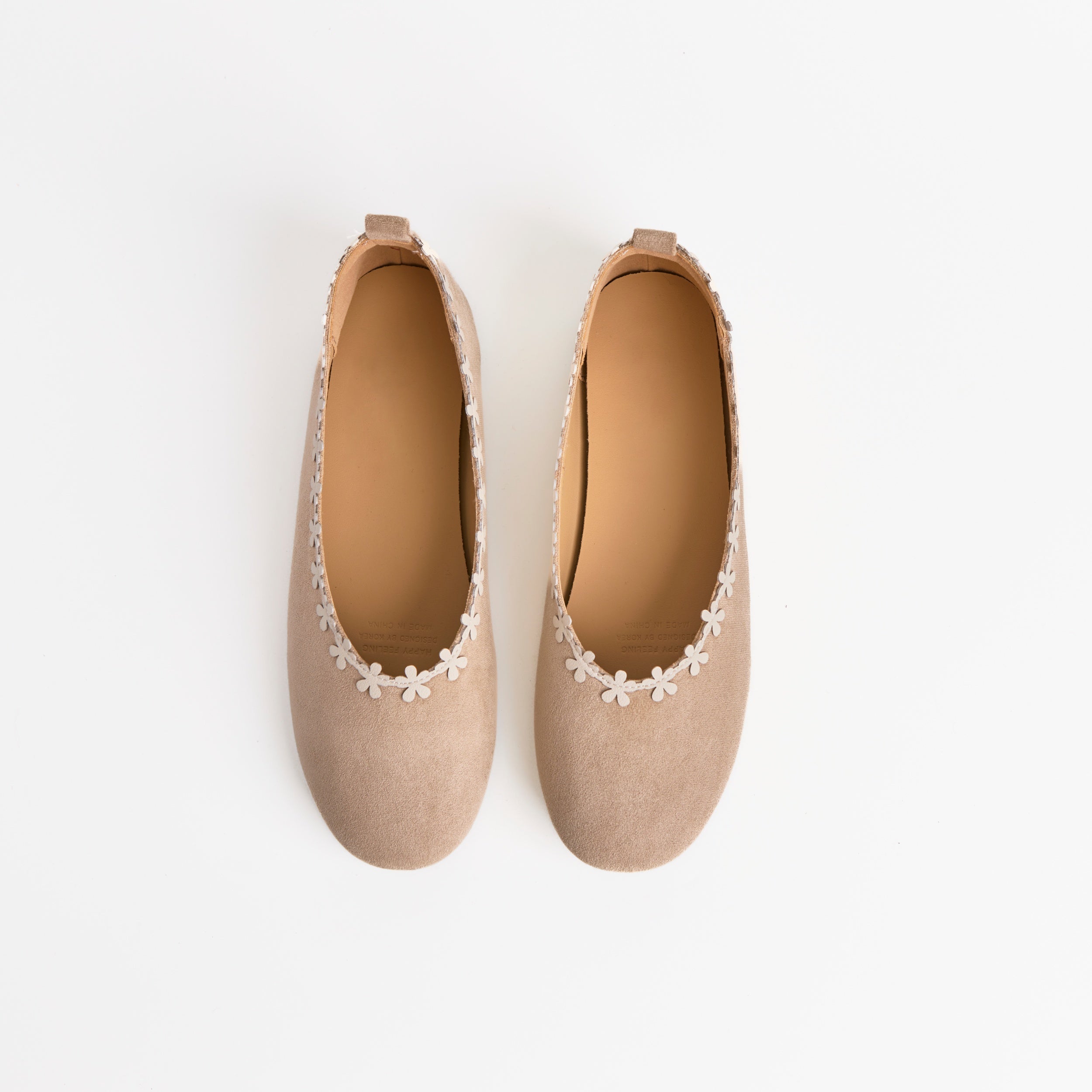 The Dual Stride Beige Floral-Trim Suede Ballet Flats