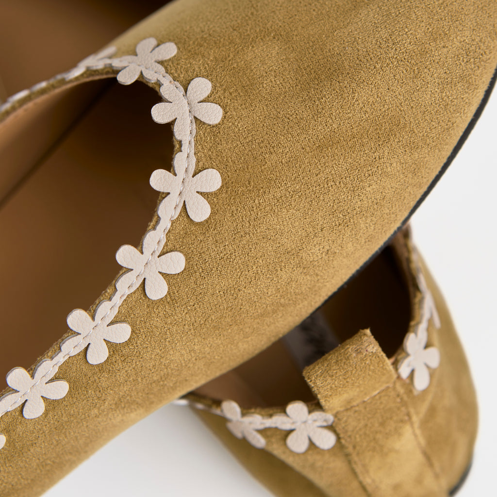 The Dual Stride Green Floral-Trim Suede Ballet Flats