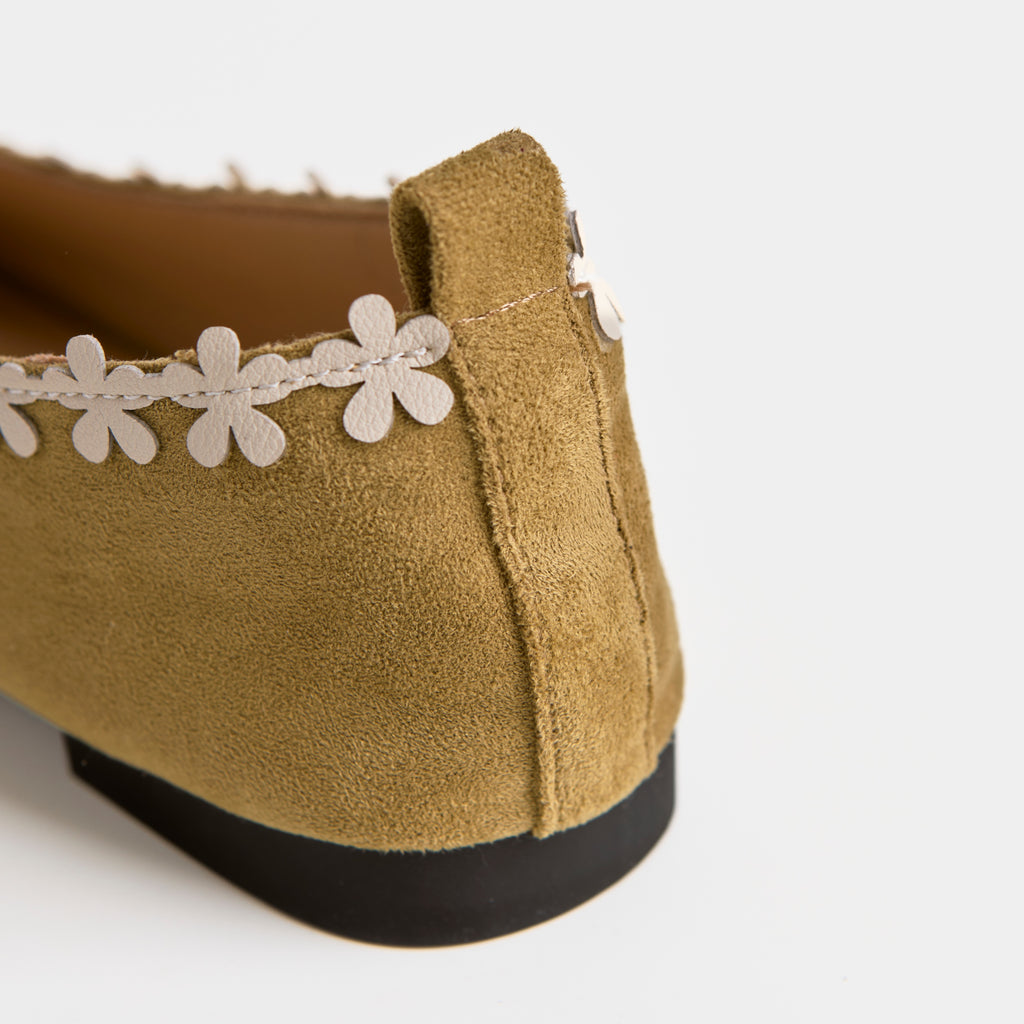 The Dual Stride Green Floral-Trim Suede Ballet Flats