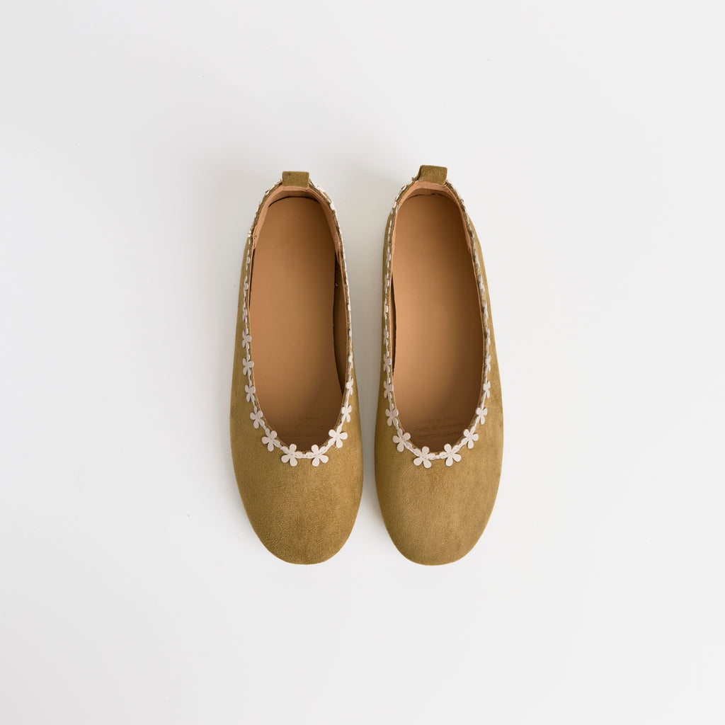 The Dual Stride Green Floral-Trim Suede Ballet Flats