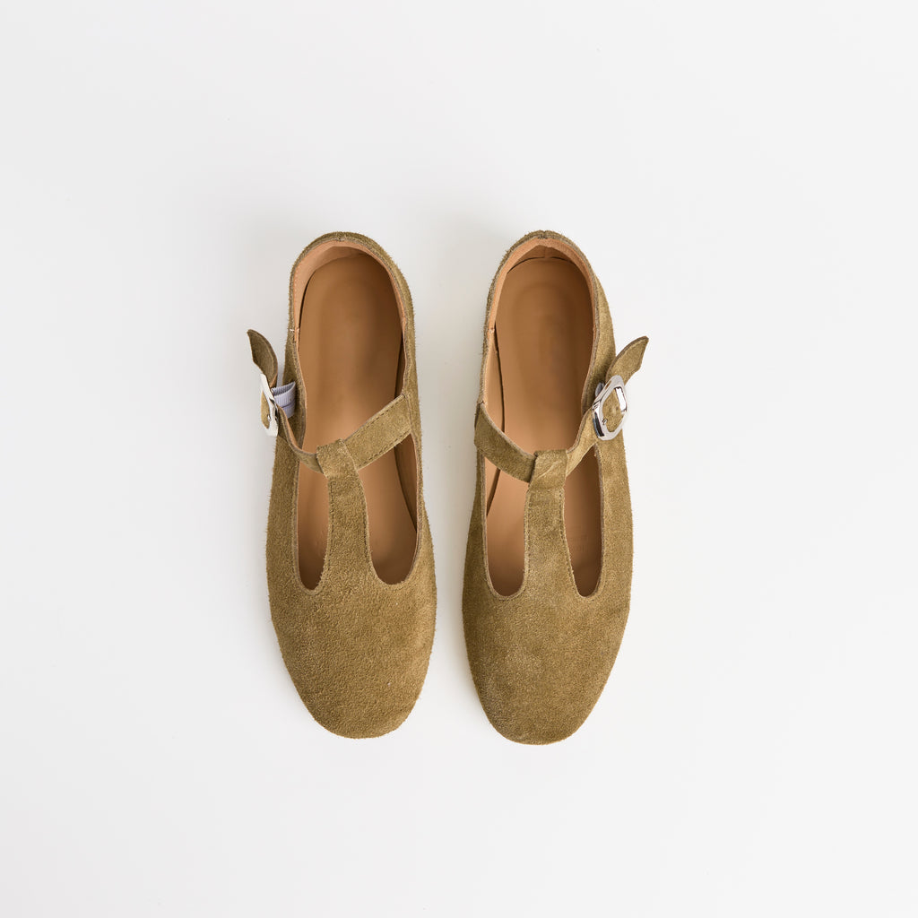 The Dual Stride Khaki Vintage Suede T-Strap Mary Jane Shoes
