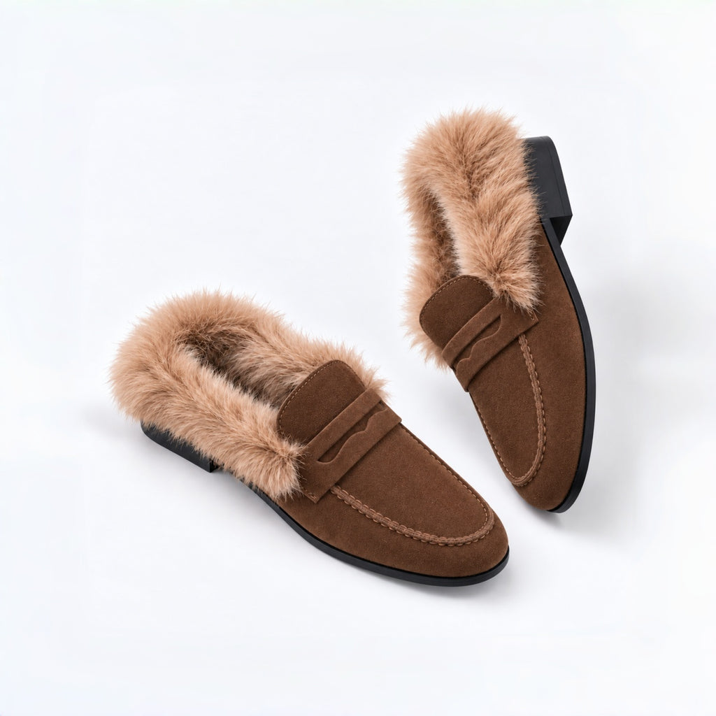 The Dual Stride Women's Brown Suede Faux Fur Loafer Mules – Runs One Size Small