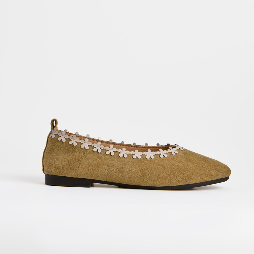 The Dual Stride Green Floral-Trim Suede Ballet Flats