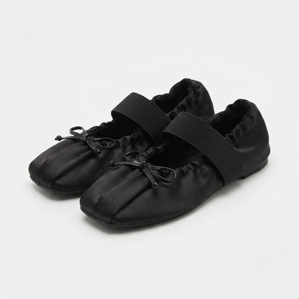 The Dual Stride Black Lace-up Satin Mary-Jane Ballet Flats