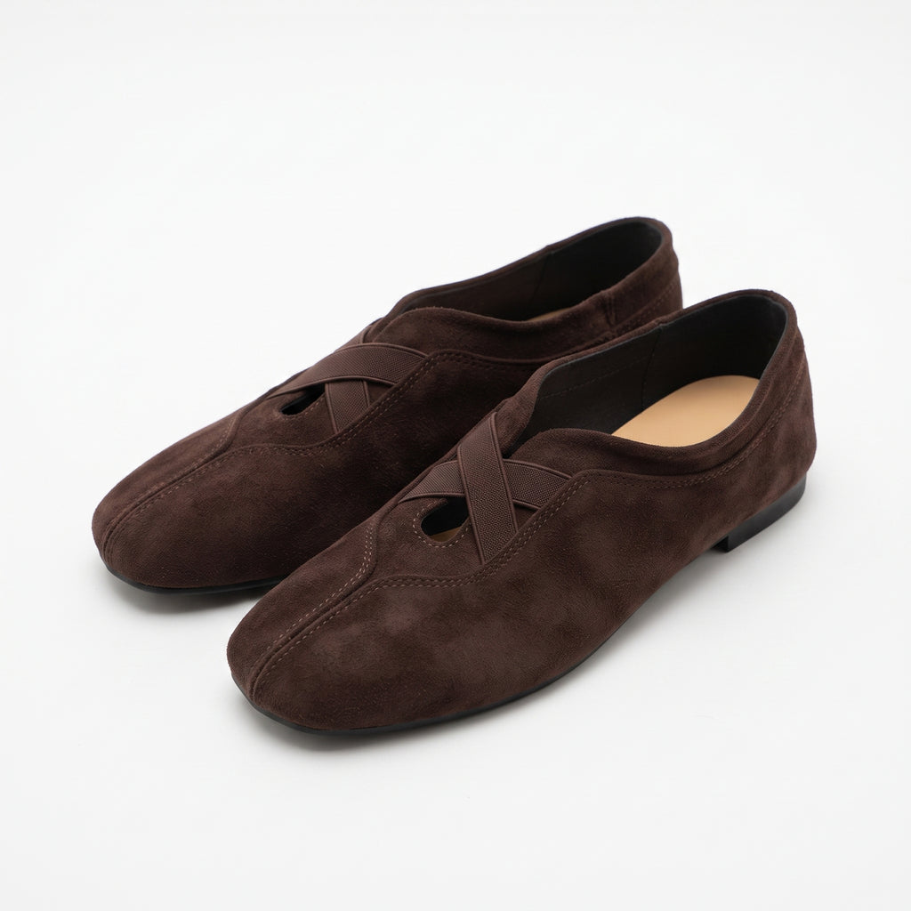 The Dual Stride Dark Brown Suede Cross‑Strap Ballet Flats