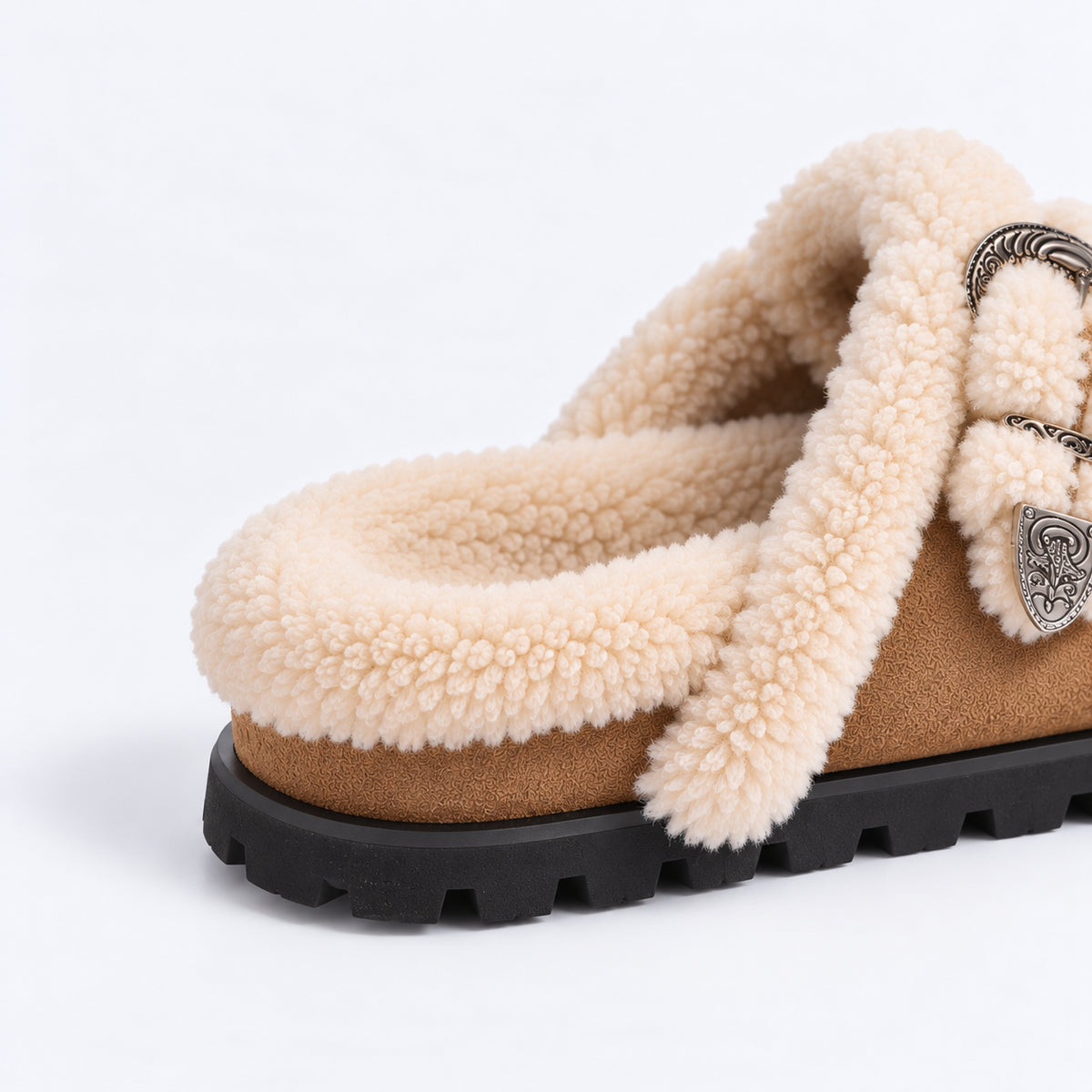 The Dual Stride Women's Brown Cozy Fleece Double Buckle Slides