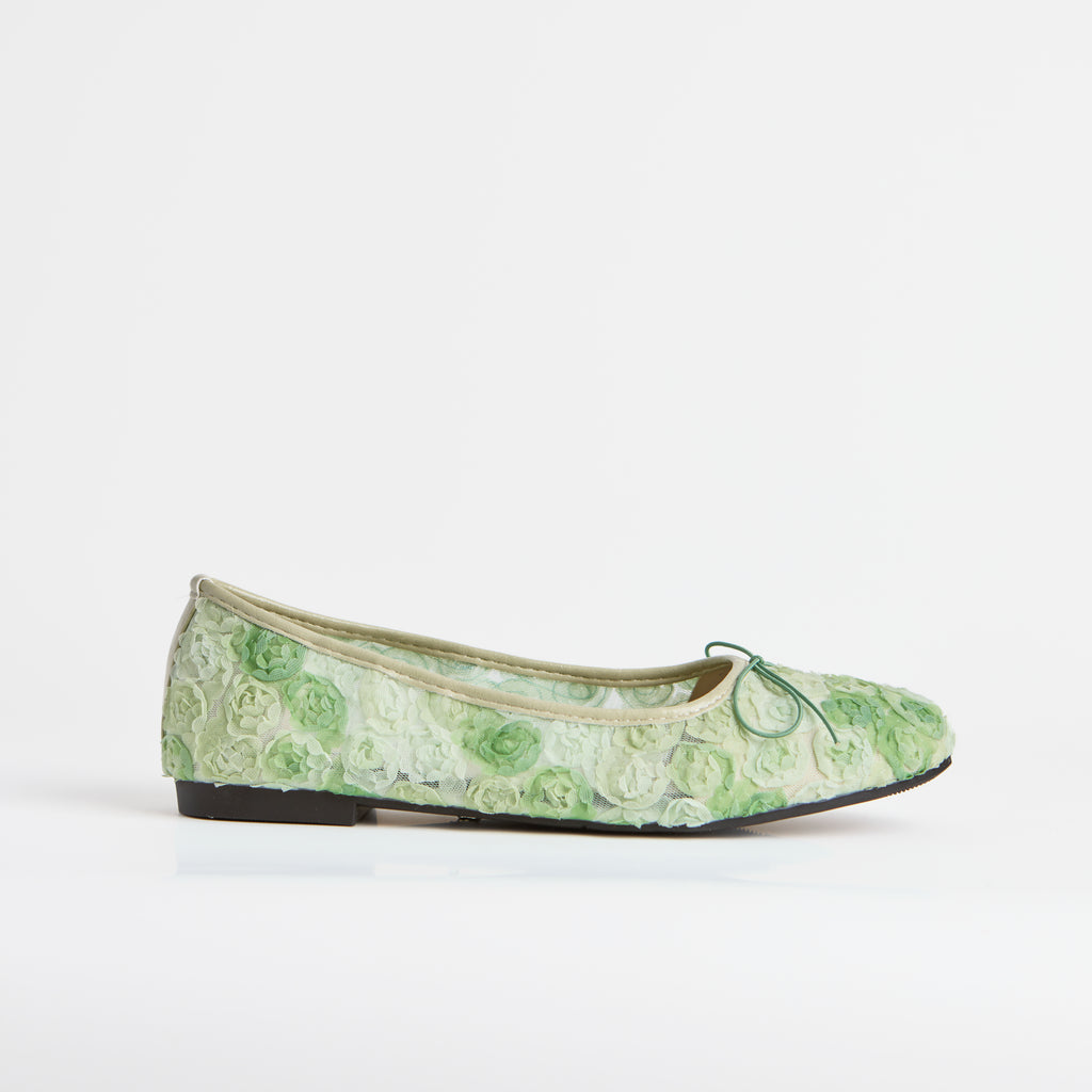 The Dual Stride Green Floral Lace Ballet Flats