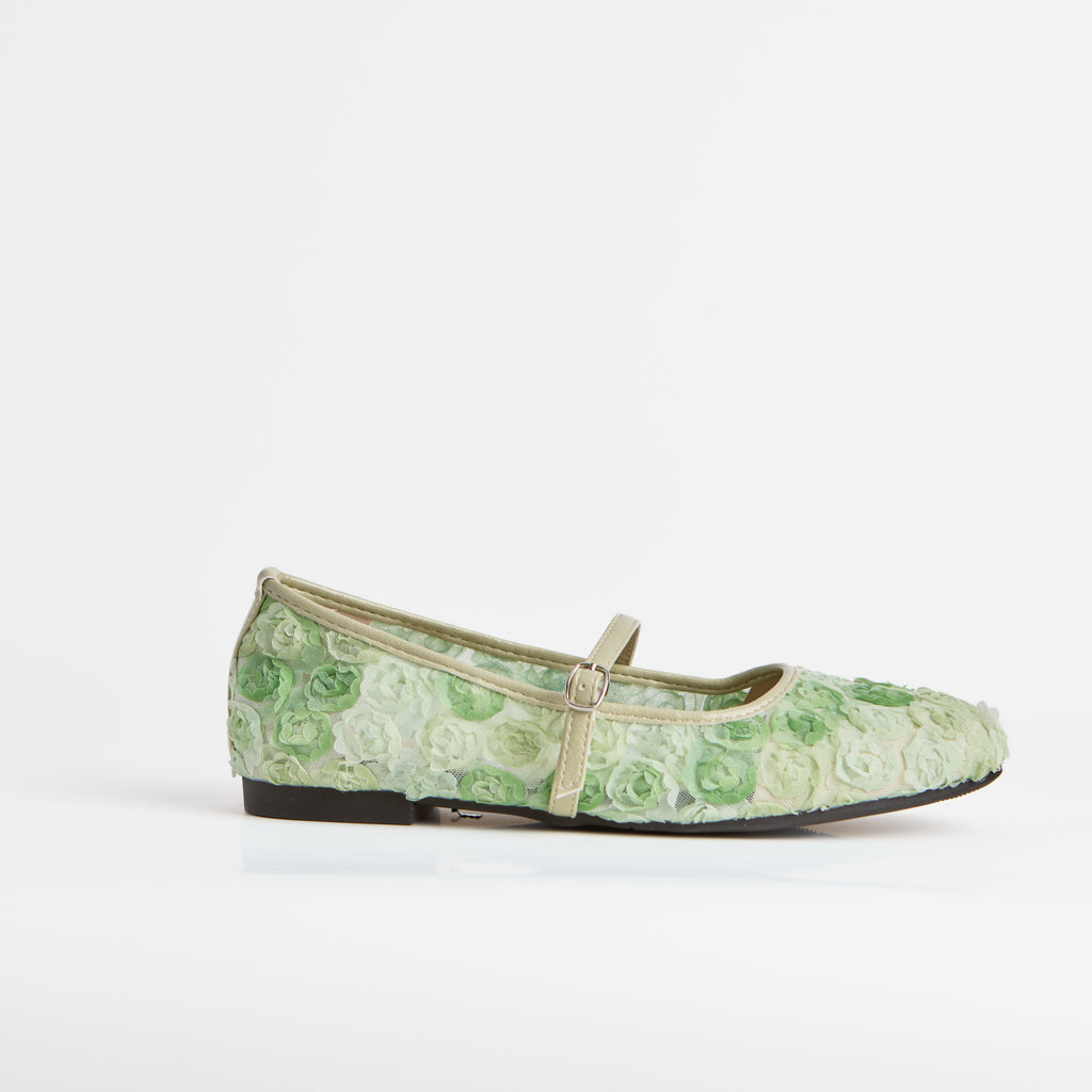 The Dual Stride Green Floral Lace Mary Janes