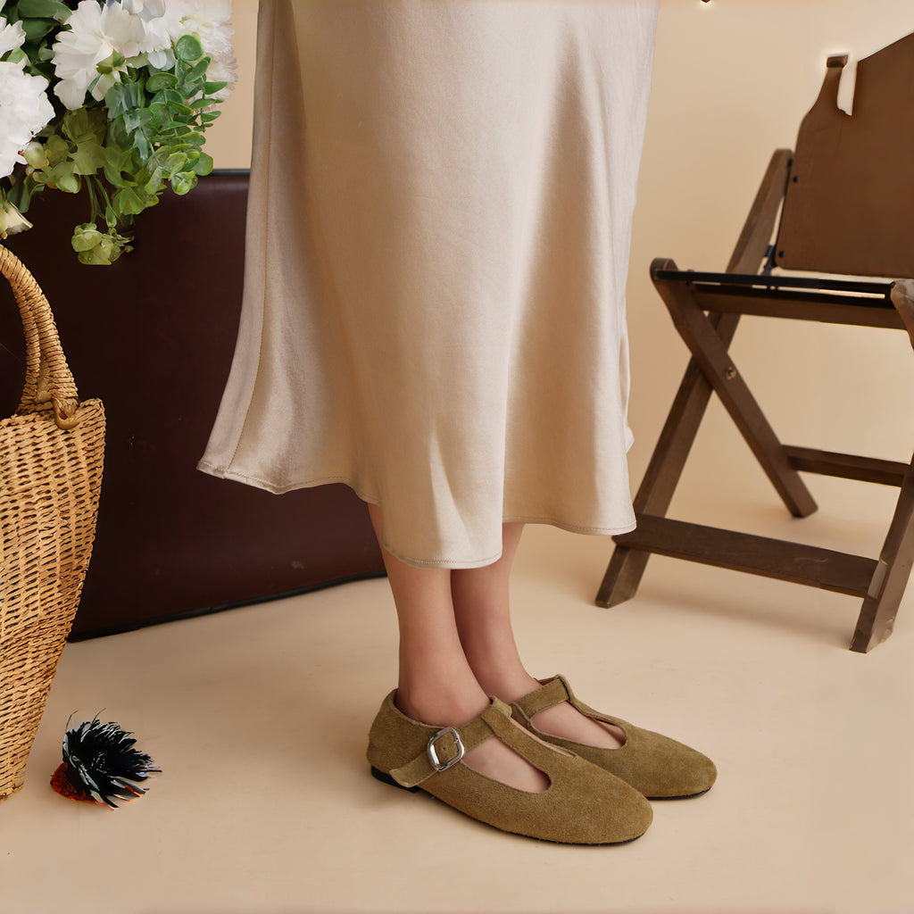 The Dual Stride Khaki Vintage Suede T-Strap Mary Jane Shoes