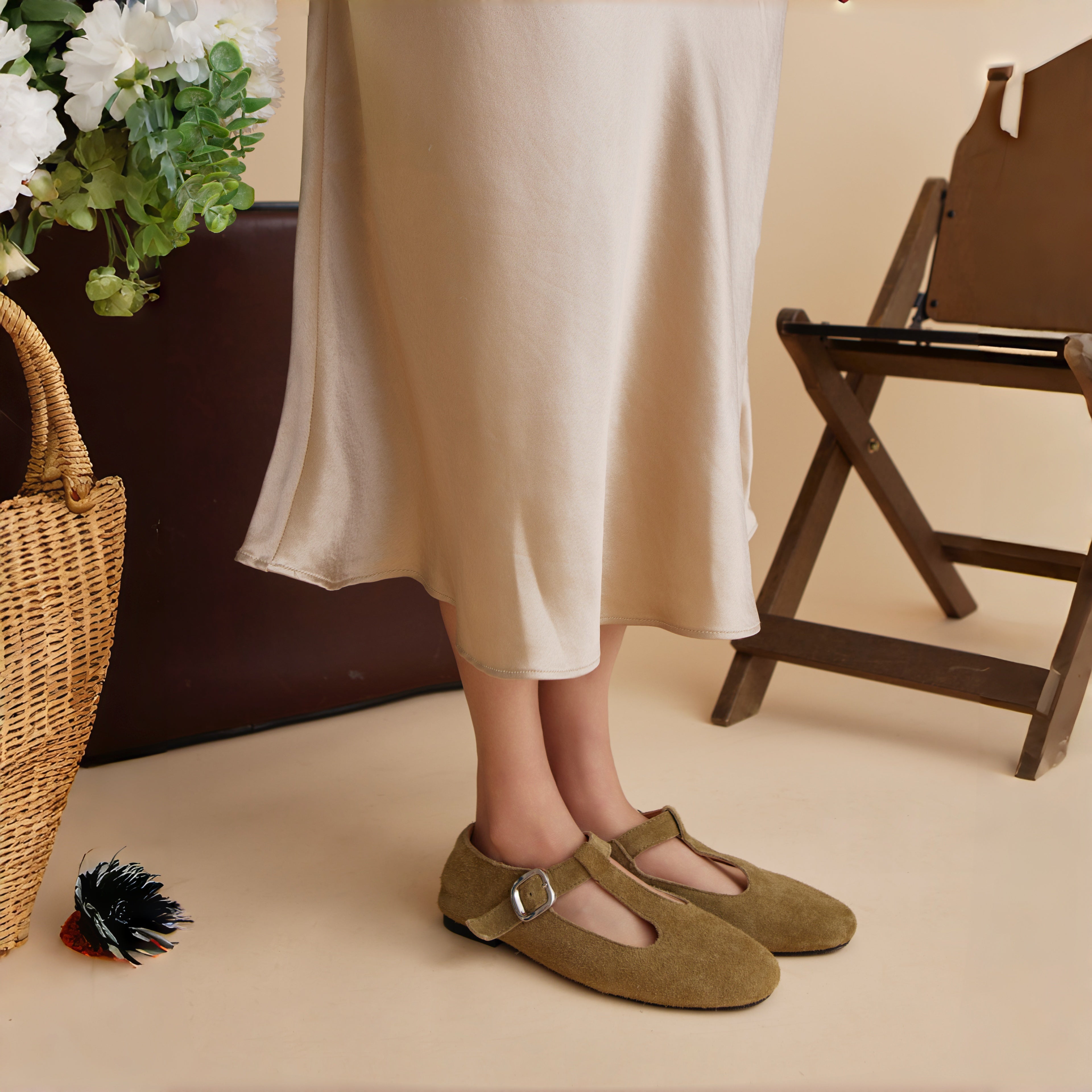 The Dual Stride Khaki Vintage Suede T-Strap Mary Jane Shoes