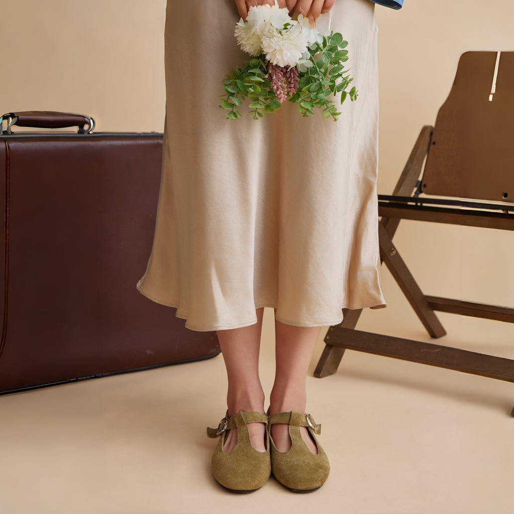 The Dual Stride Khaki Vintage Suede T-Strap Mary Jane Shoes