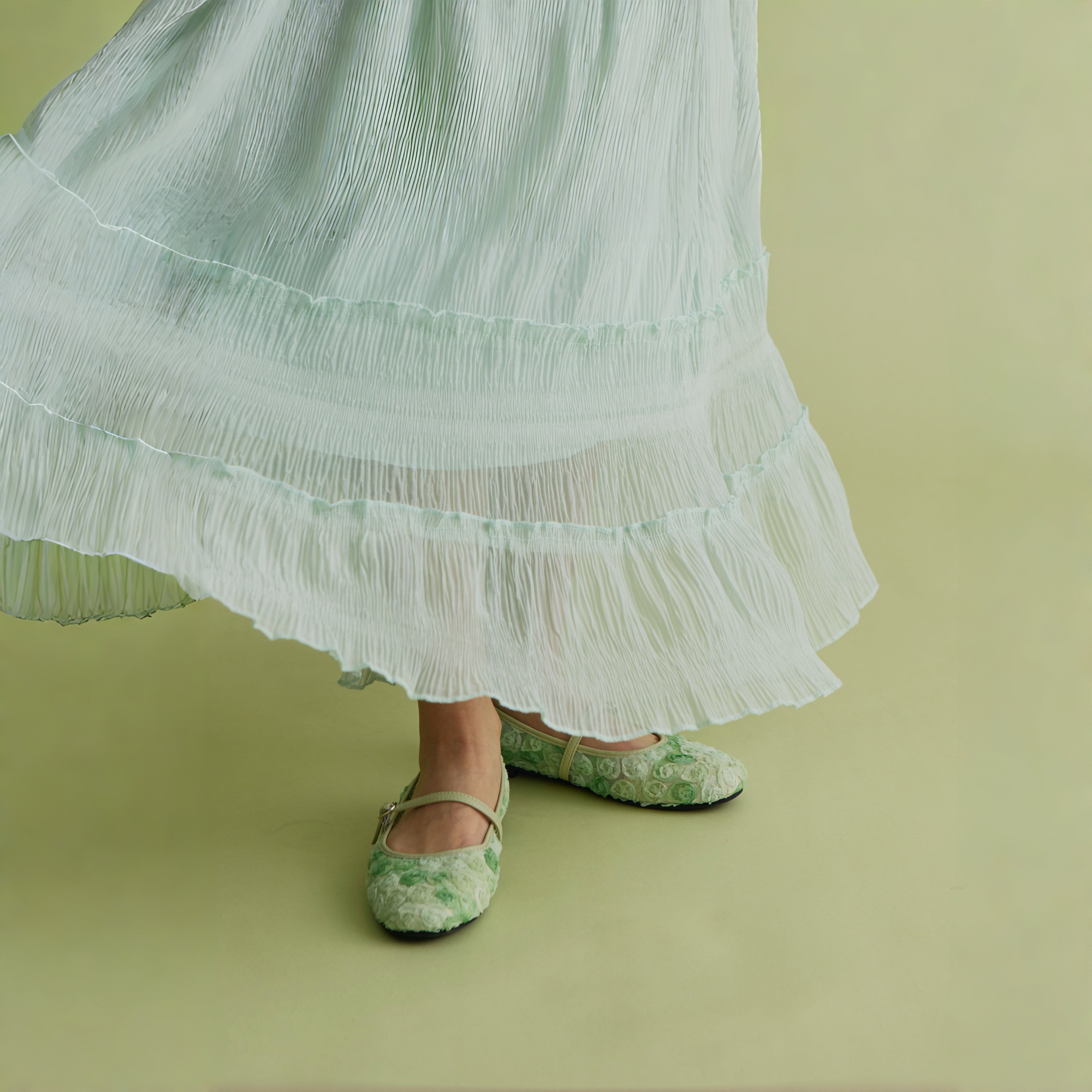 The Dual Stride Green Floral Lace Mary Janes
