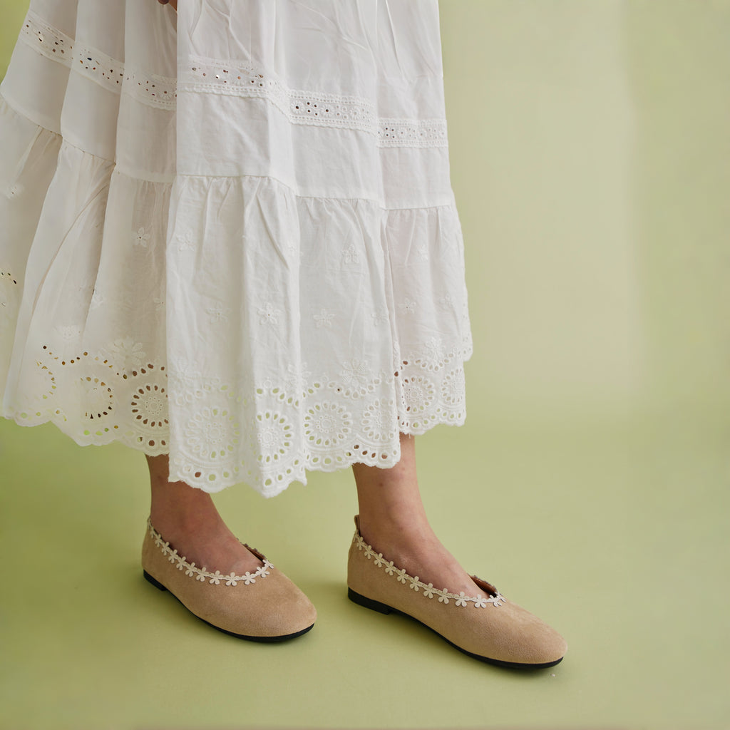 The Dual Stride Beige Floral-Trim Suede Ballet Flats