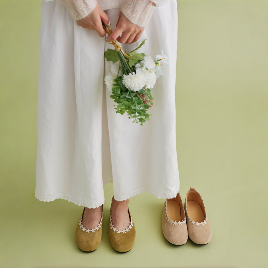 The Dual Stride Green Floral-Trim Suede Ballet Flats
