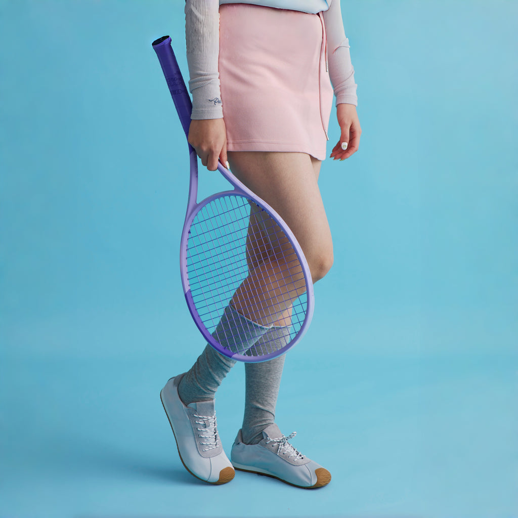 The Dual Stride Gray Square-Toe  Satin Trainer