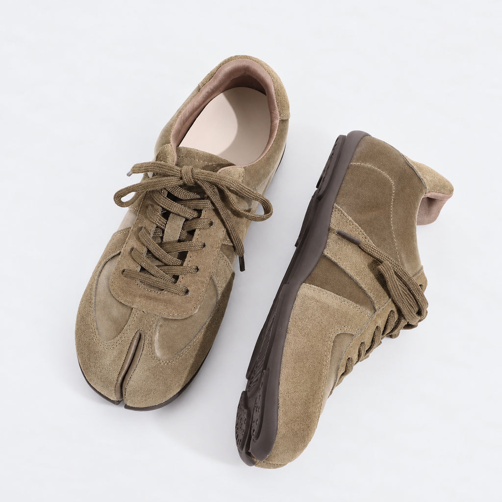 The Dual Stride Olive Green Split-Toe Velvet & Suede Retro Casual Sneakers
