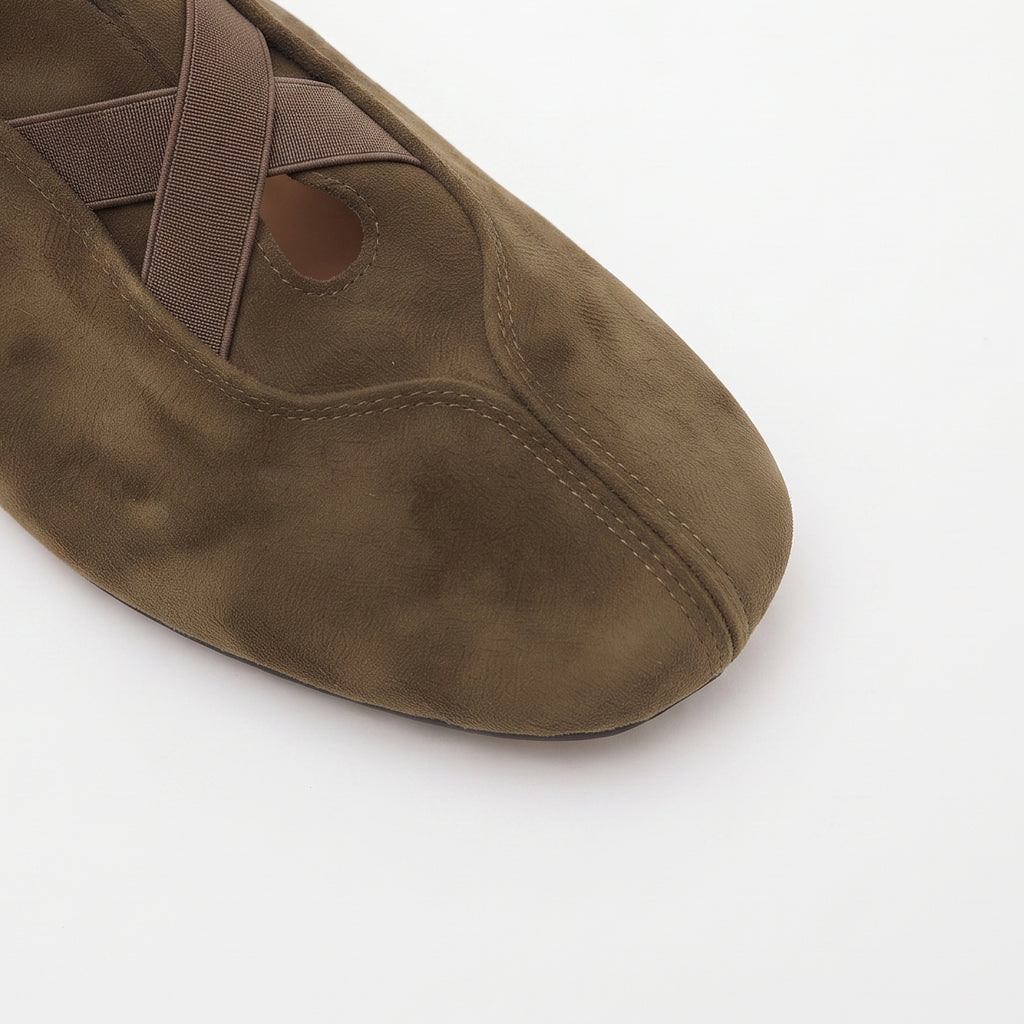 The Dual Stride Olive Brown Suede Cross-Strap Ballet Flats