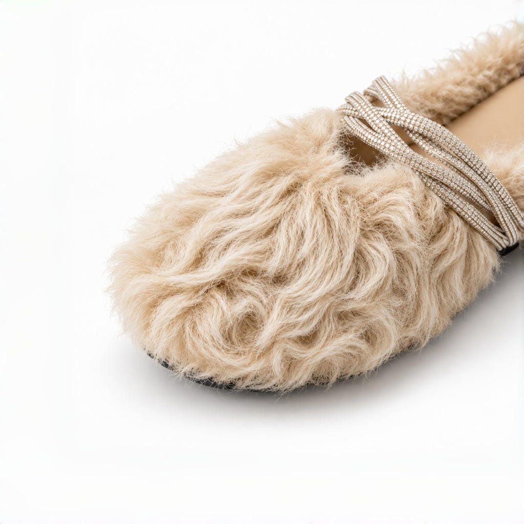 The Dual Stride Beige Curly Faux Fur Rhinestone Mule Slippers