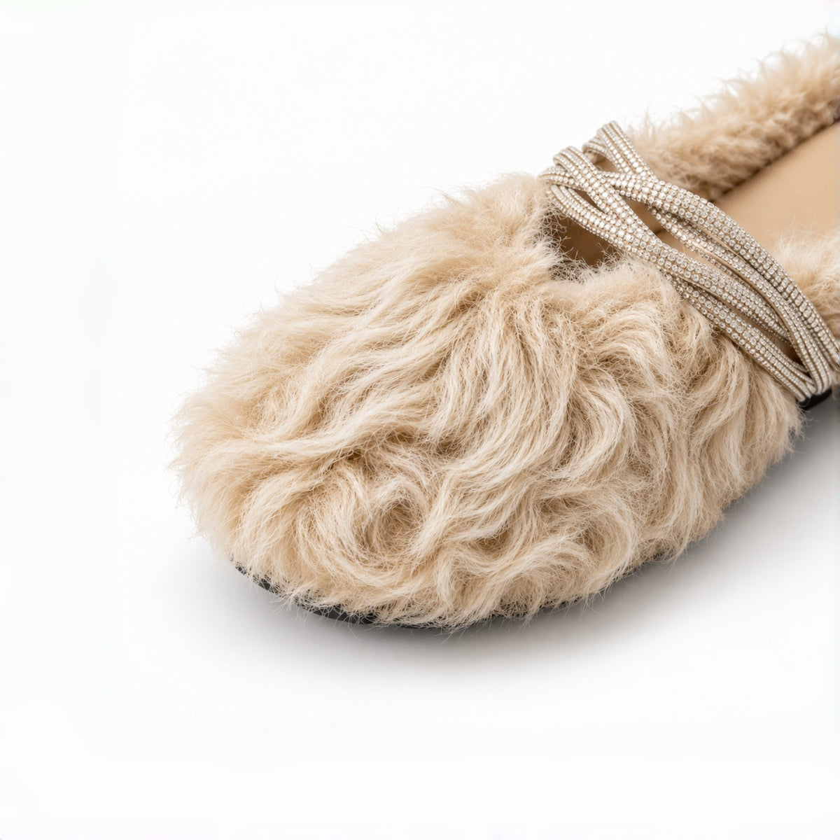 The Dual Stride Beige Curly Faux Fur Rhinestone Mule Slippers