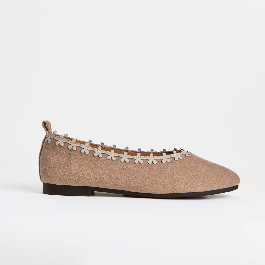 The Dual Stride Beige Floral-Trim Suede Ballet Flats