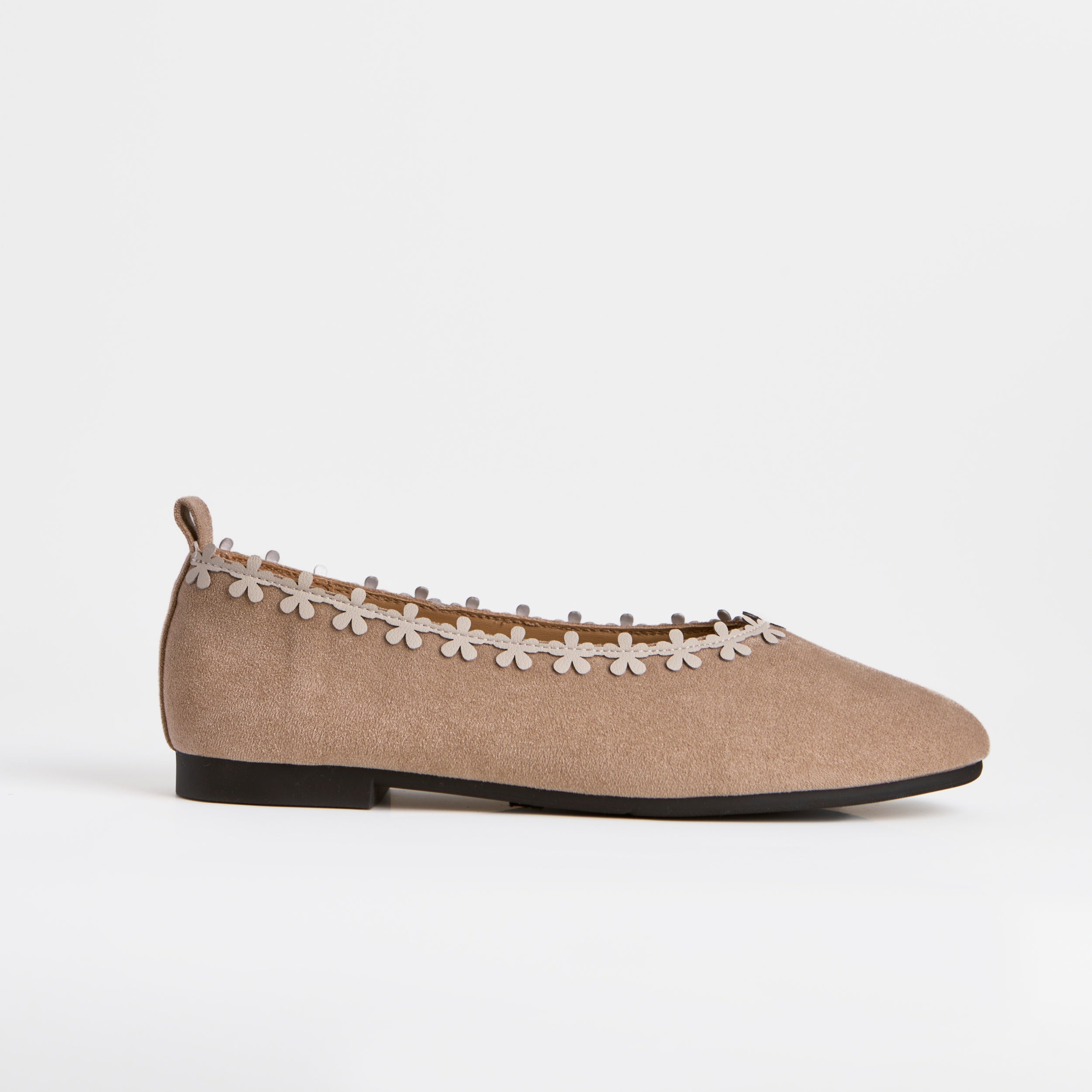 The Dual Stride Beige Floral-Trim Suede Ballet Flats