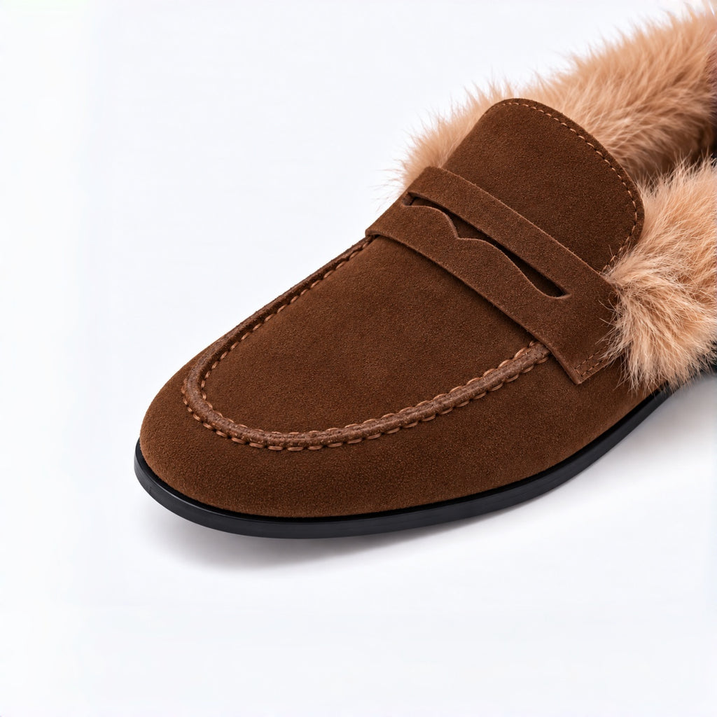 The Dual Stride Women's Brown Suede Faux Fur Loafer Mules – Runs One Size Small