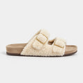 The Dual Stride Ivory Curly Faux Fur Double Buckle Slide Sandals