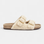 The Dual Stride Ivory Curly Faux Fur Double Buckle Slide Sandals