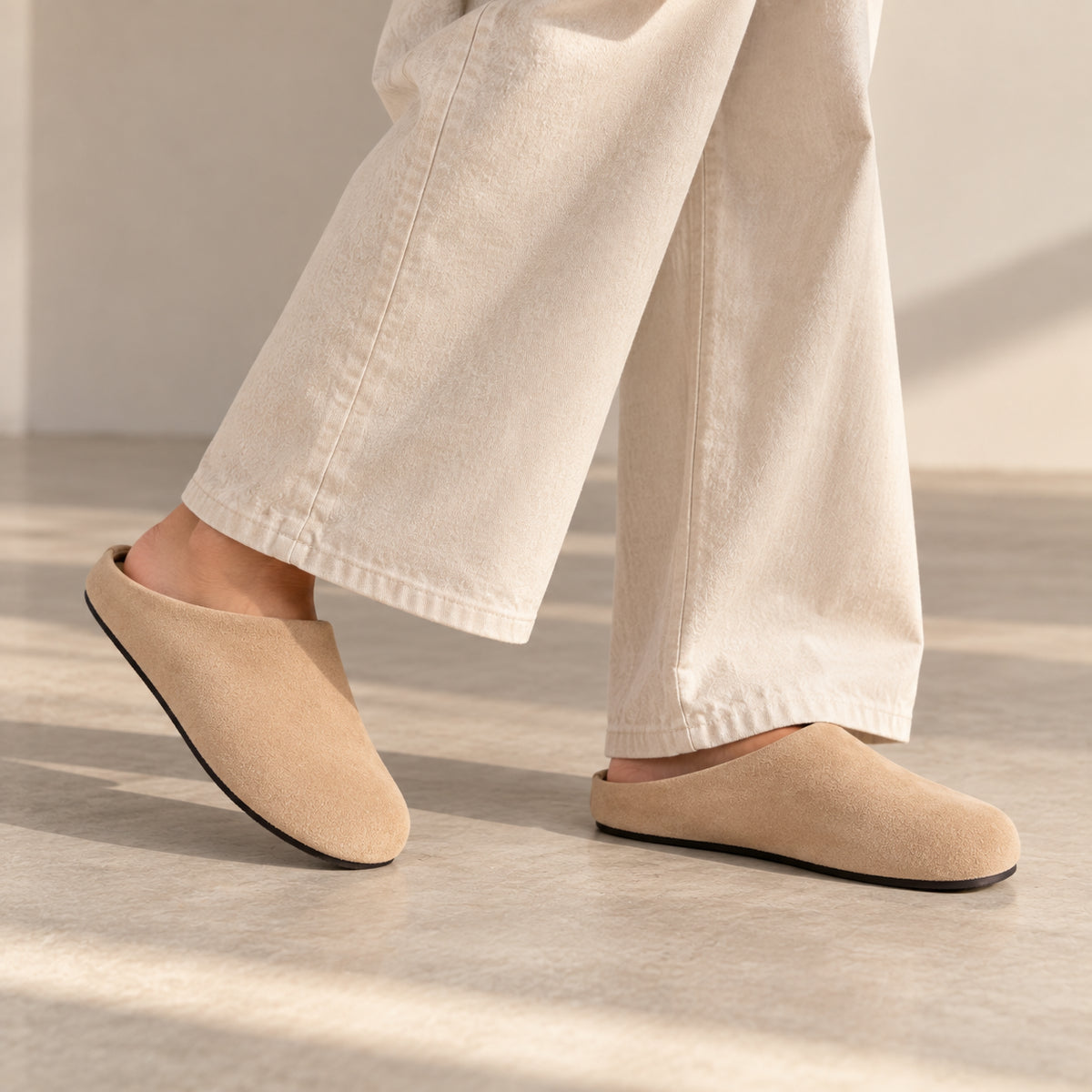 The Dual Stride Beige Suede Slip-On Mules